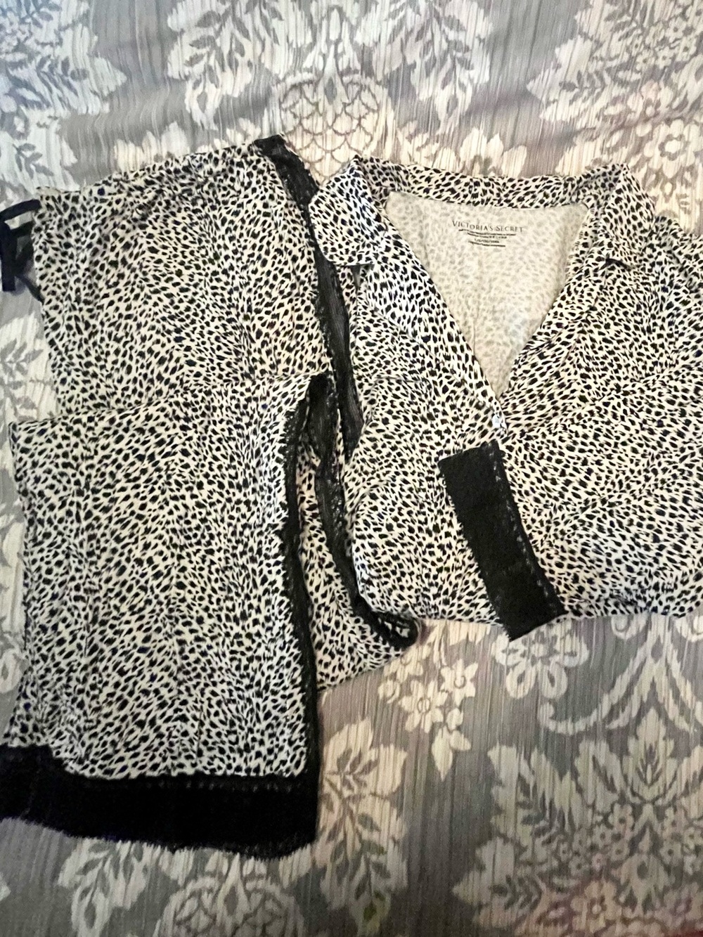 Victoria's Secret Black and White lace trim Animal Print Pajama Set